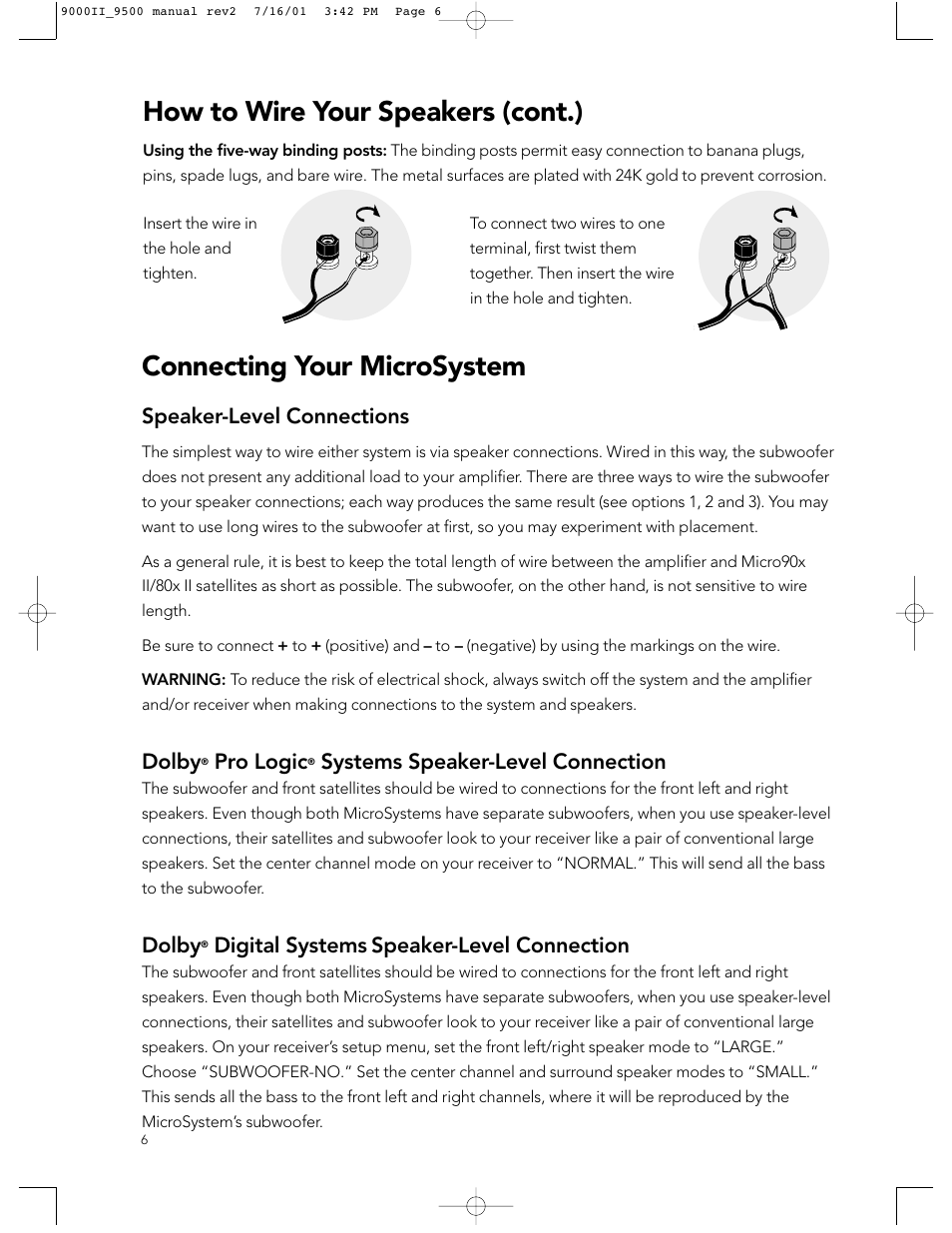Connecting your microsystem, How to wire your speakers (cont.), Speaker-level connections | Dolby, Pro logic, Systems speaker-level connection, Digital systems speaker-level connection | Boston Acoustics 9500 User Manual | Page 6 / 16