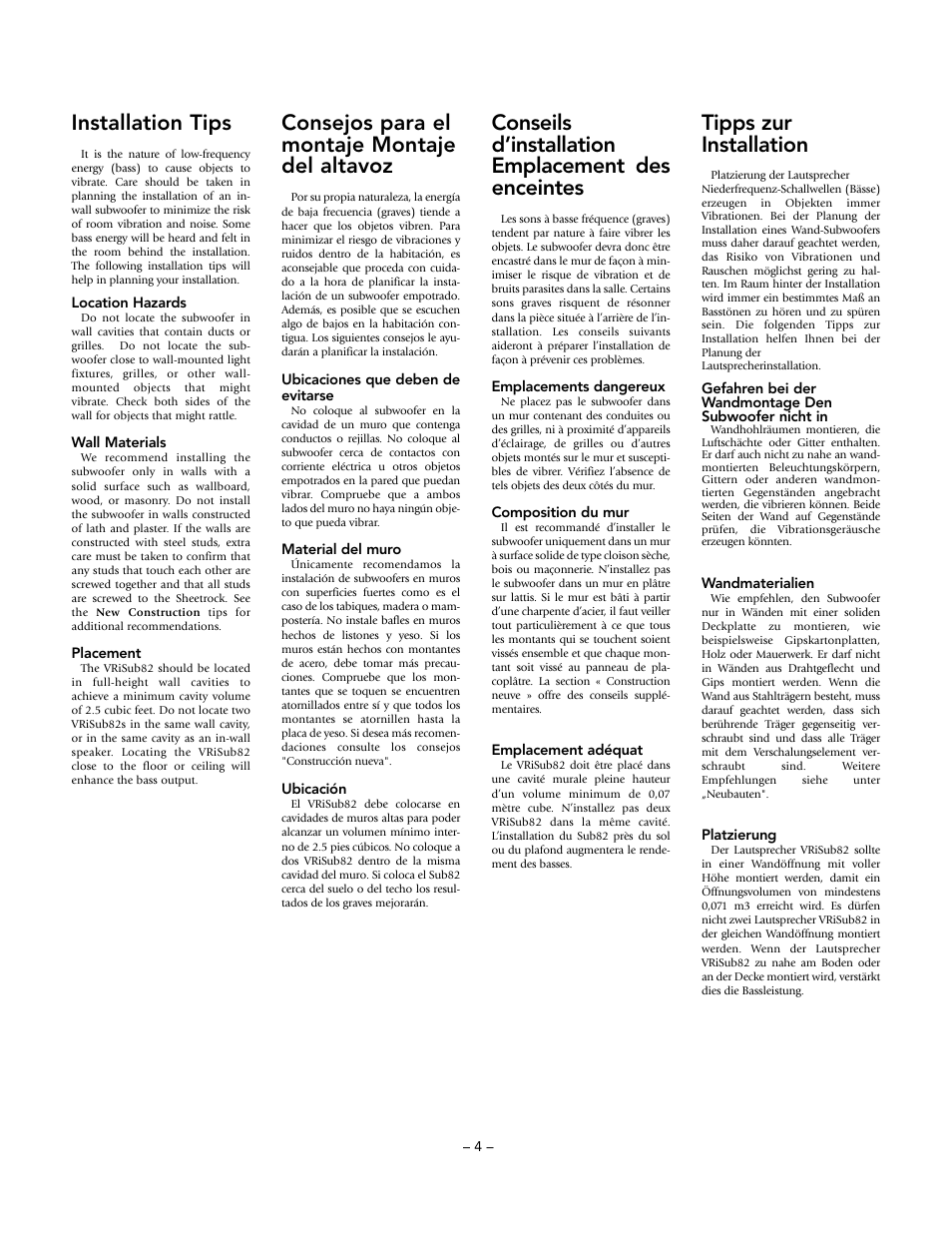 Installation tips, Consejos para el montaje montaje del altavoz, Tipps zur installation | Conseils d’installation emplacement des enceintes | Boston Acoustics VRiSub82 User Manual | Page 4 / 12