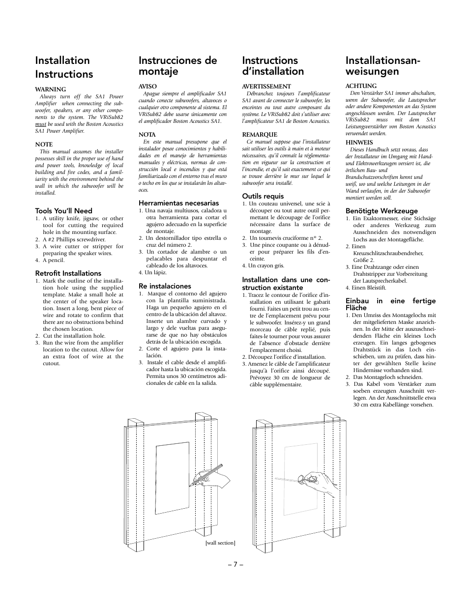 Installation instructions, Instrucciones de montaje, Installationsan- weisungen | Instructions d’installation | Boston Acoustics VRiSub82 User Manual | Page 7 / 12