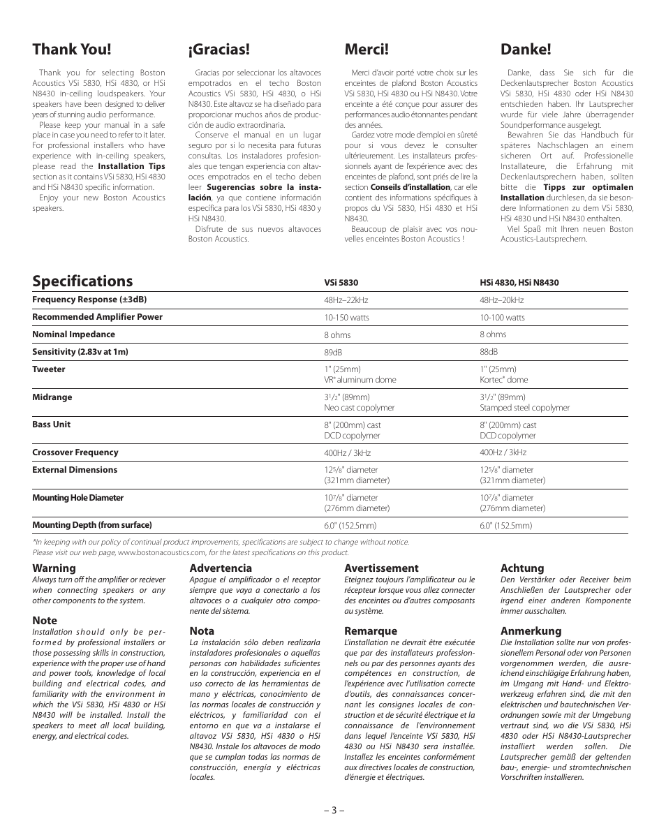 Thank you, Specifications, Gracias | Merci, Danke | Boston Acoustics VSi 5830 User Manual | Page 3 / 16