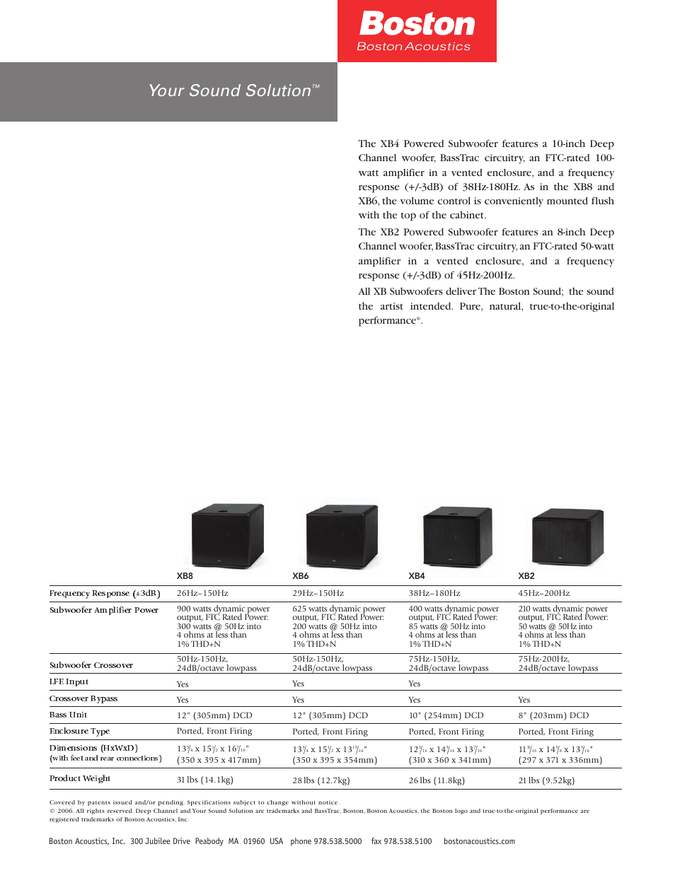 Your sound solution, Product weight, With feet and rear connections) | Boston Acoustics XB8 User Manual | Page 2 / 2