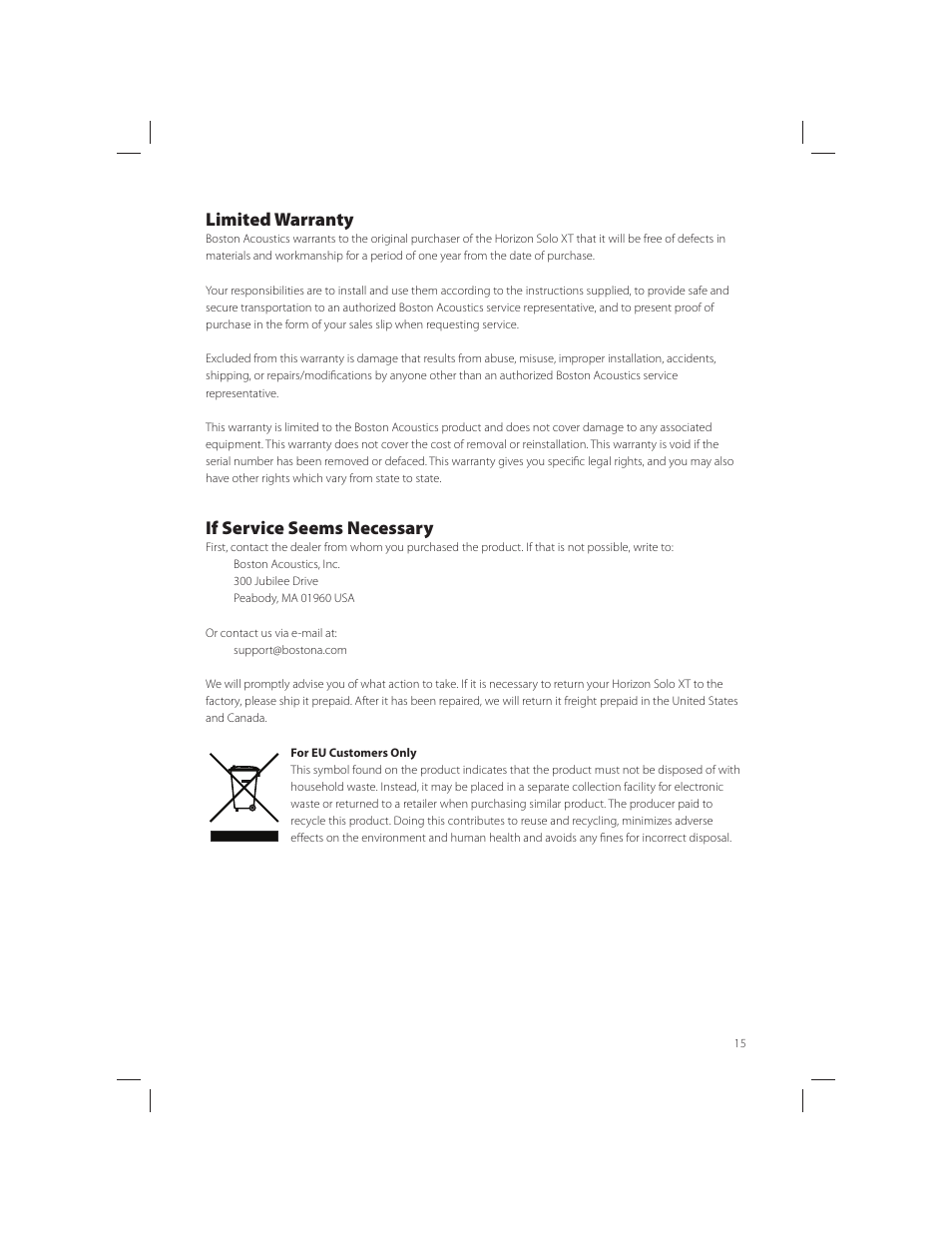 Limited warranty, If service seems necessary | Boston Acoustics Horizon Solo XT User Manual | Page 15 / 15