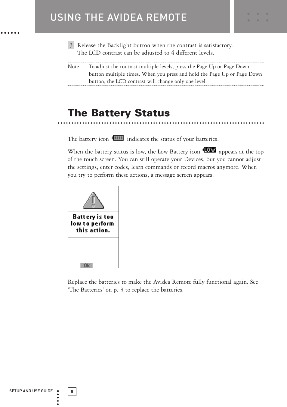 Using the avidea remote, The battery status | Boston Acoustics TSU501 User Manual | Page 10 / 59