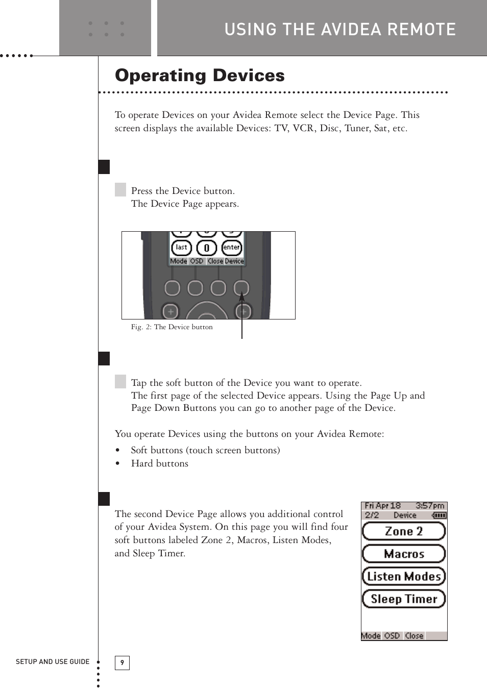 Using the avidea remote, Operating devices, Activating the device page | Selecting a device on the device page, Selecting other device functions | Boston Acoustics TSU501 User Manual | Page 11 / 59