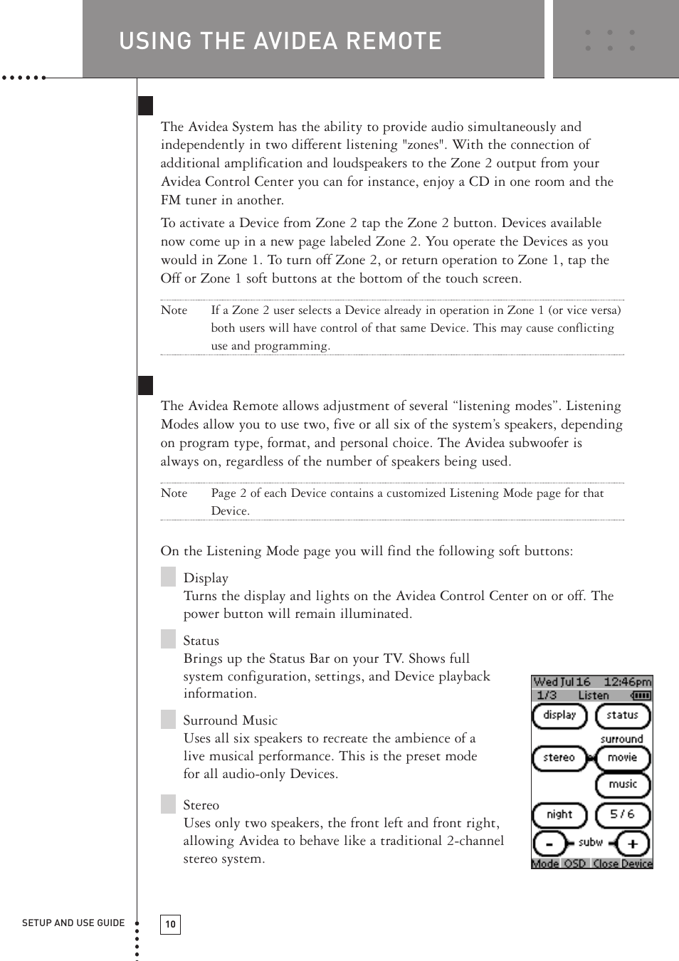 Using the avidea remote, Zone 2, Listen modes | Boston Acoustics TSU501 User Manual | Page 12 / 59