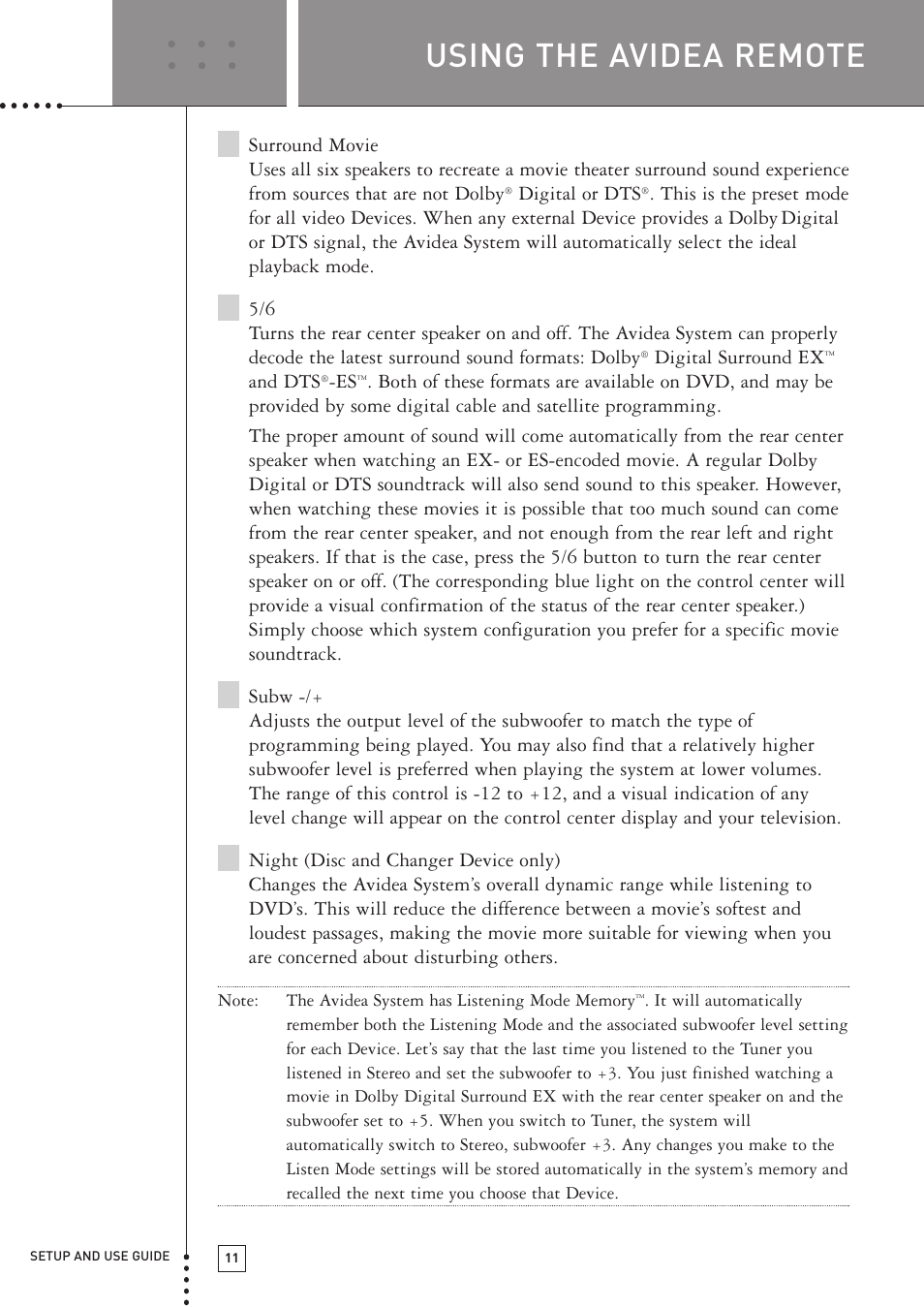 Using the avidea remote, Digital or dts, Digital surround ex | And dts | Boston Acoustics TSU501 User Manual | Page 13 / 59