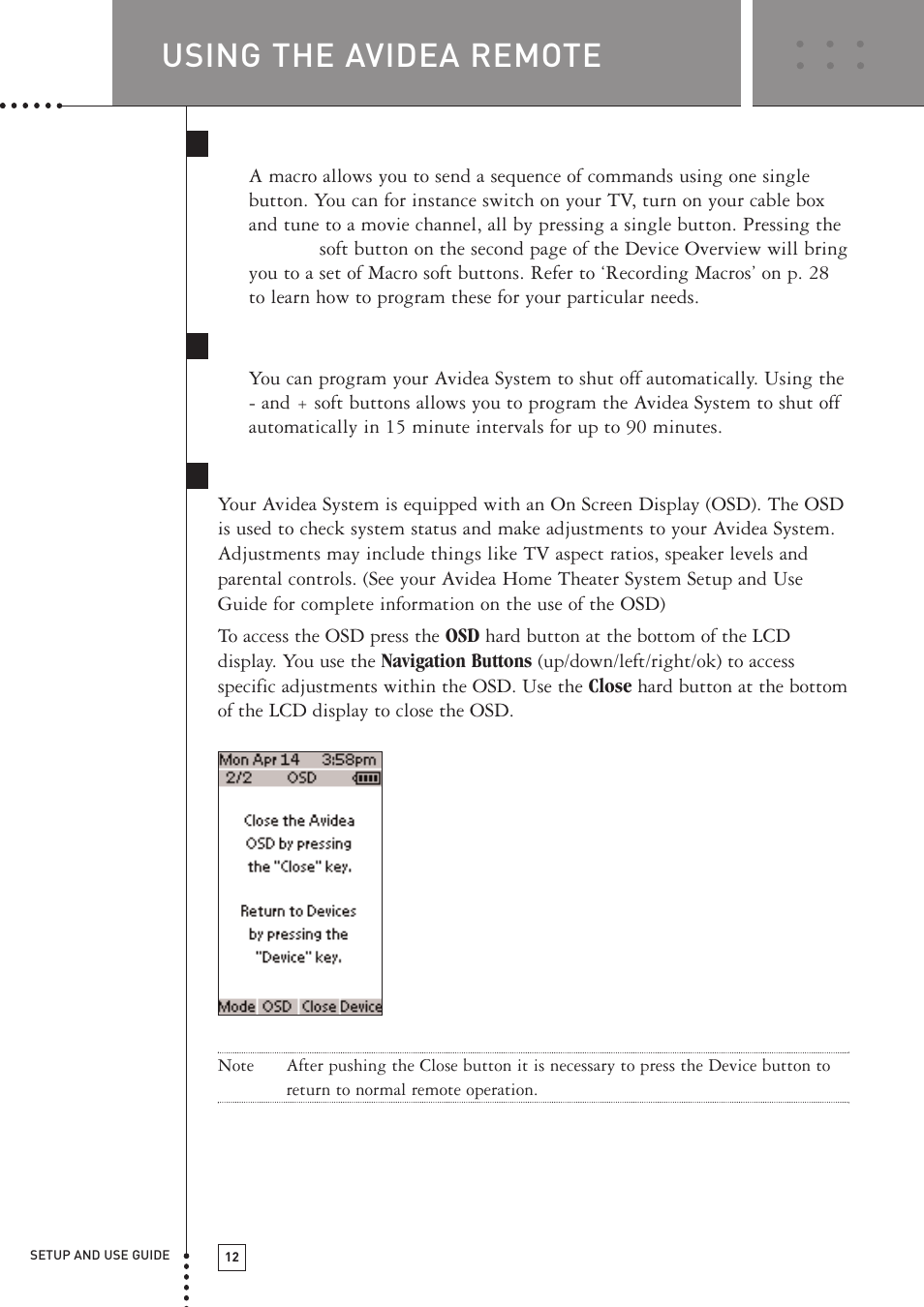 Using the avidea remote, Macros, Sleep | Boston Acoustics TSU501 User Manual | Page 14 / 59