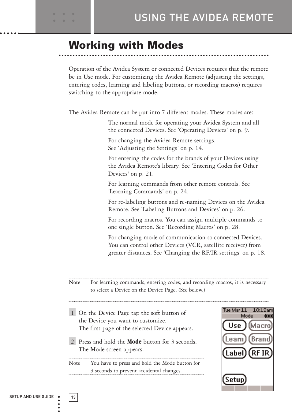 Using the avidea remote, Working with modes | Boston Acoustics TSU501 User Manual | Page 15 / 59