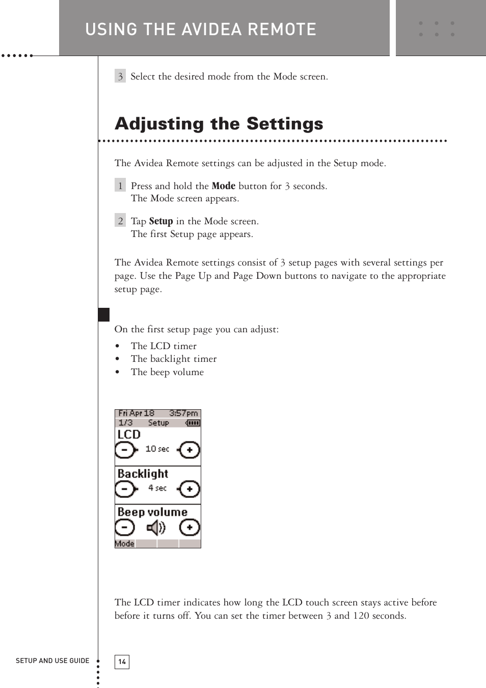 Adjusting the settings, Using the avidea remote, First setup page | Boston Acoustics TSU501 User Manual | Page 16 / 59