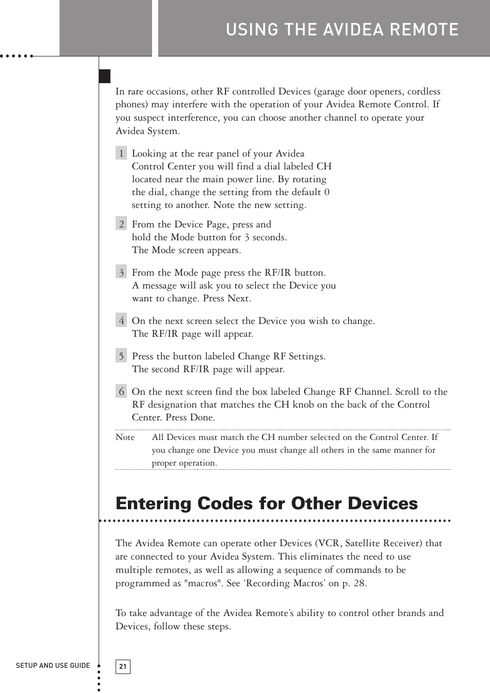 Entering codes for other devices, Using the avidea remote, Changing rf settings- rf channel | Boston Acoustics TSU501 User Manual | Page 23 / 59