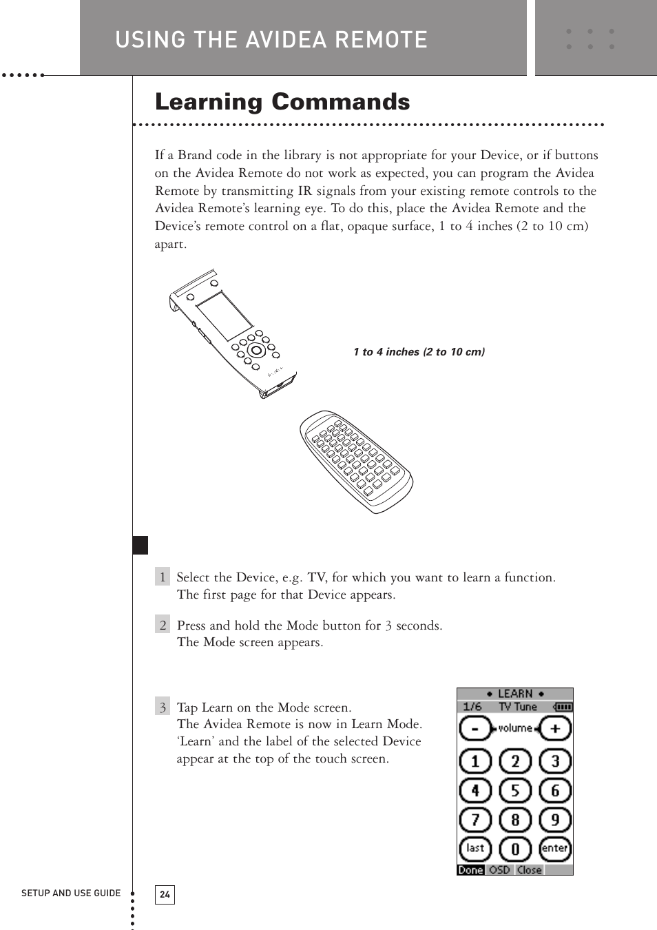 Learning commands, Using the avidea remote, The learn sequence | Boston Acoustics TSU501 User Manual | Page 26 / 59