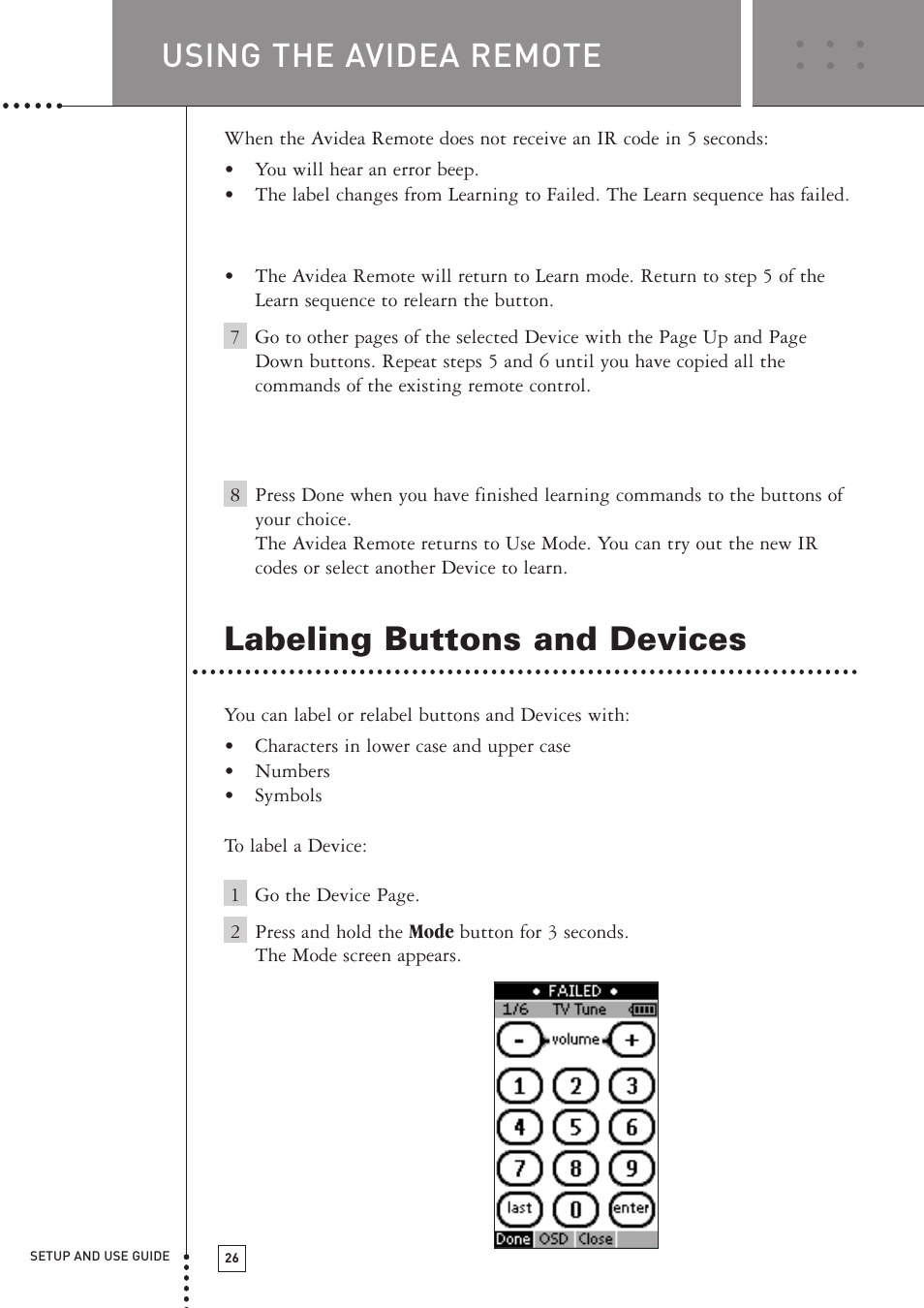 Labeling buttons and devices, Using the avidea remote | Boston Acoustics TSU501 User Manual | Page 28 / 59