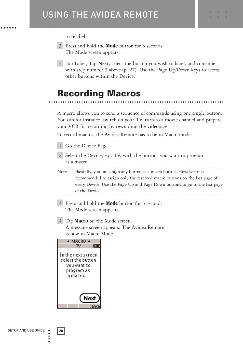 Recording macros, Using the avidea remote | Boston Acoustics TSU501 User Manual | Page 30 / 59