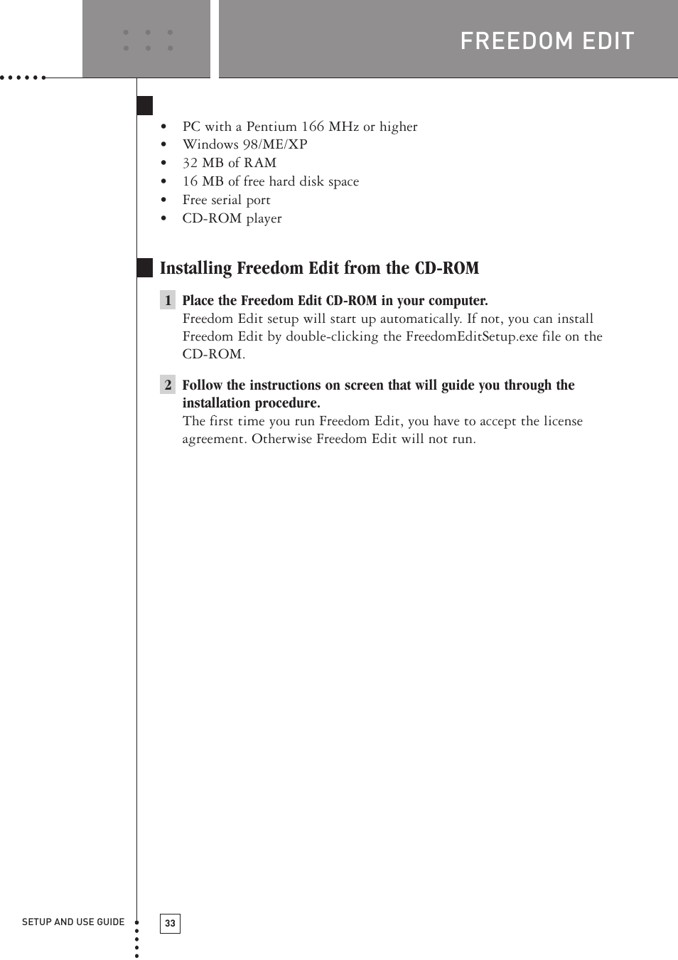 Freedom edit, Minimum system requirements, Installing freedom edit from the cd-rom | Boston Acoustics TSU501 User Manual | Page 35 / 59