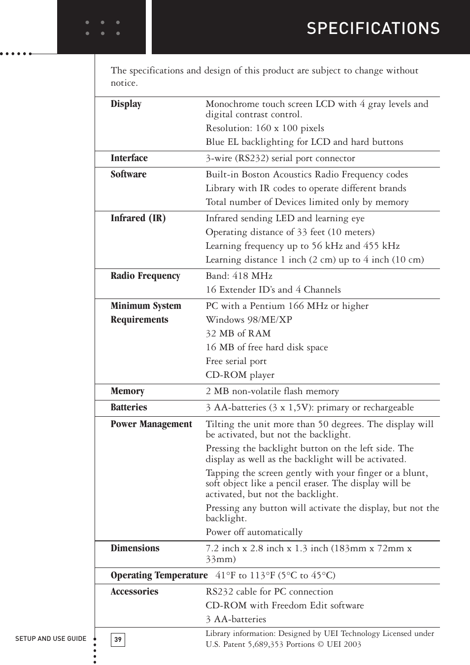 Specifications | Boston Acoustics TSU501 User Manual | Page 41 / 59