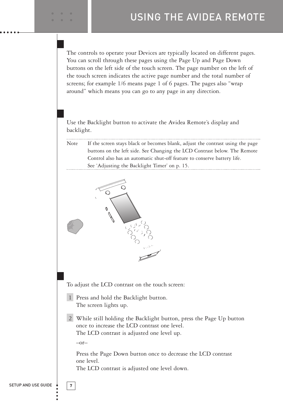 Using the avidea remote, Using the page up and page down buttons, Using the backlight button | Changing the lcd contrast | Boston Acoustics TSU501 User Manual | Page 9 / 59