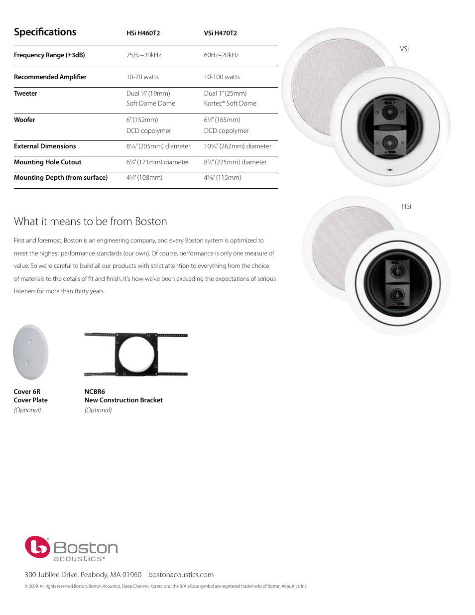 What it means to be from boston, Specifications | Boston Acoustics HSi H460T2 User Manual | Page 2 / 2