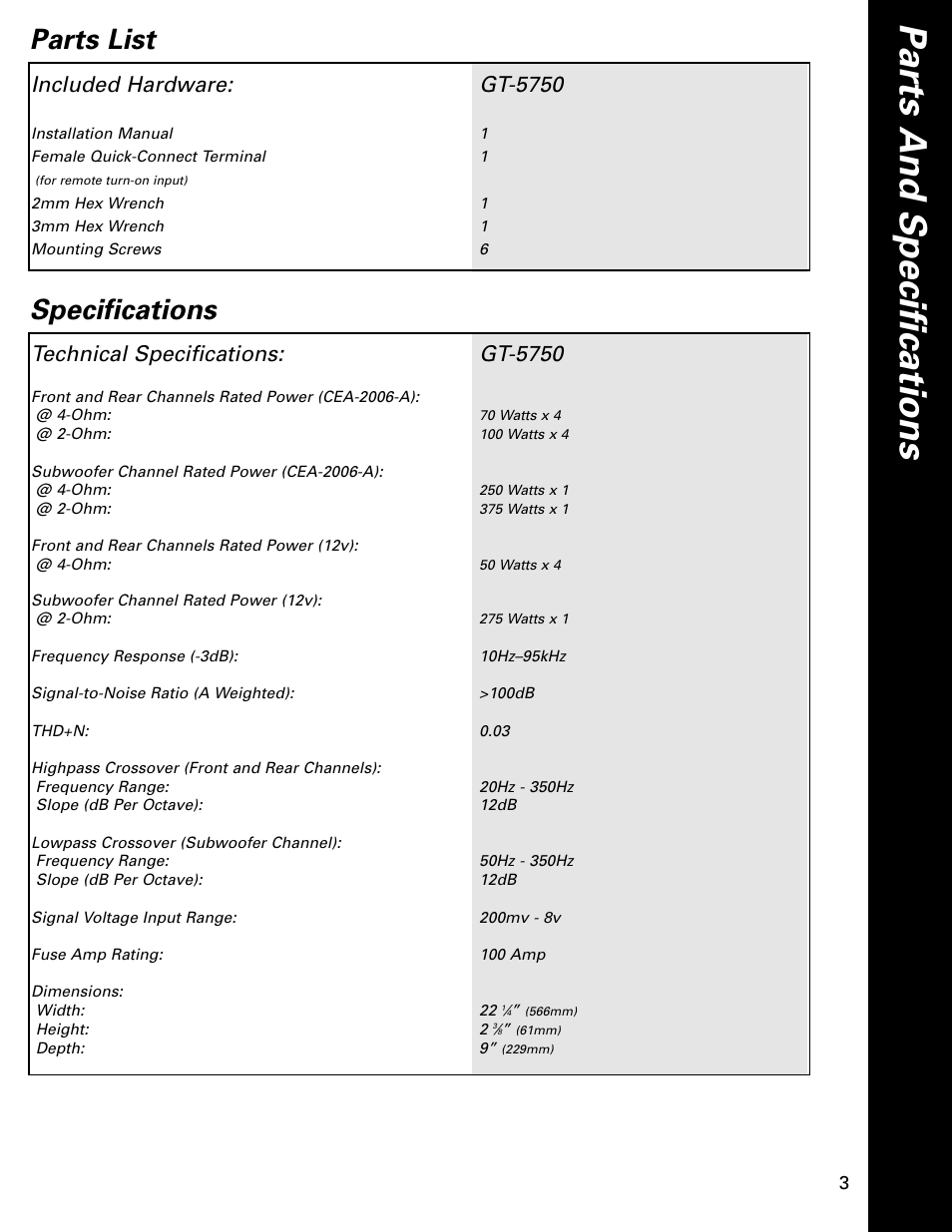 Parts list specifications | Boston Acoustics Boston GT GT-5750 User Manual | Page 3 / 12