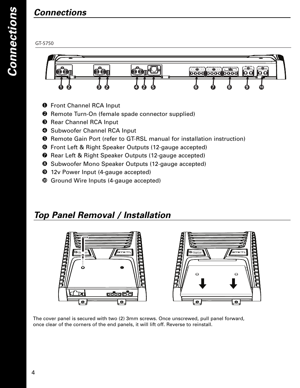 Connections, Top panel removal / installation | Boston Acoustics Boston GT GT-5750 User Manual | Page 4 / 12