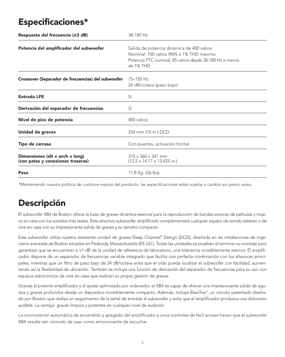 Descripción, Especificaciones | Boston Acoustics XB4 User Manual | Page 11 / 24