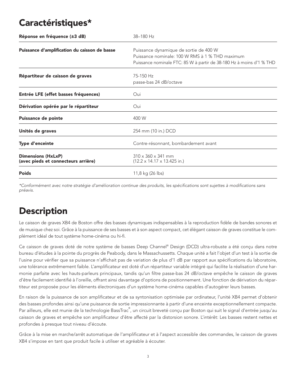 Description, Caractéristiques | Boston Acoustics XB4 User Manual | Page 19 / 24