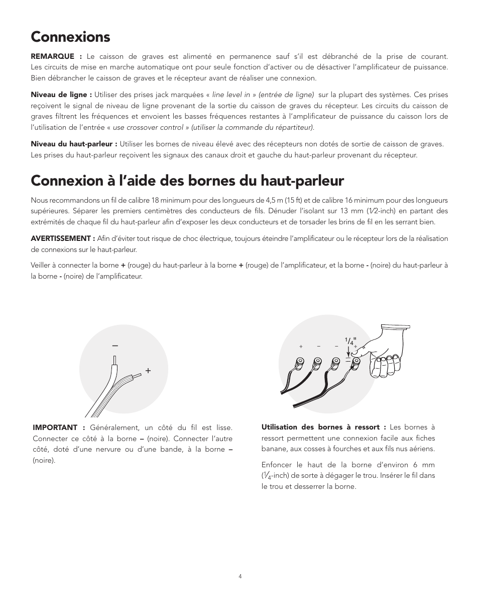 Connexions, Connexion à l’aide des bornes du haut-parleur | Boston Acoustics XB4 User Manual | Page 20 / 24