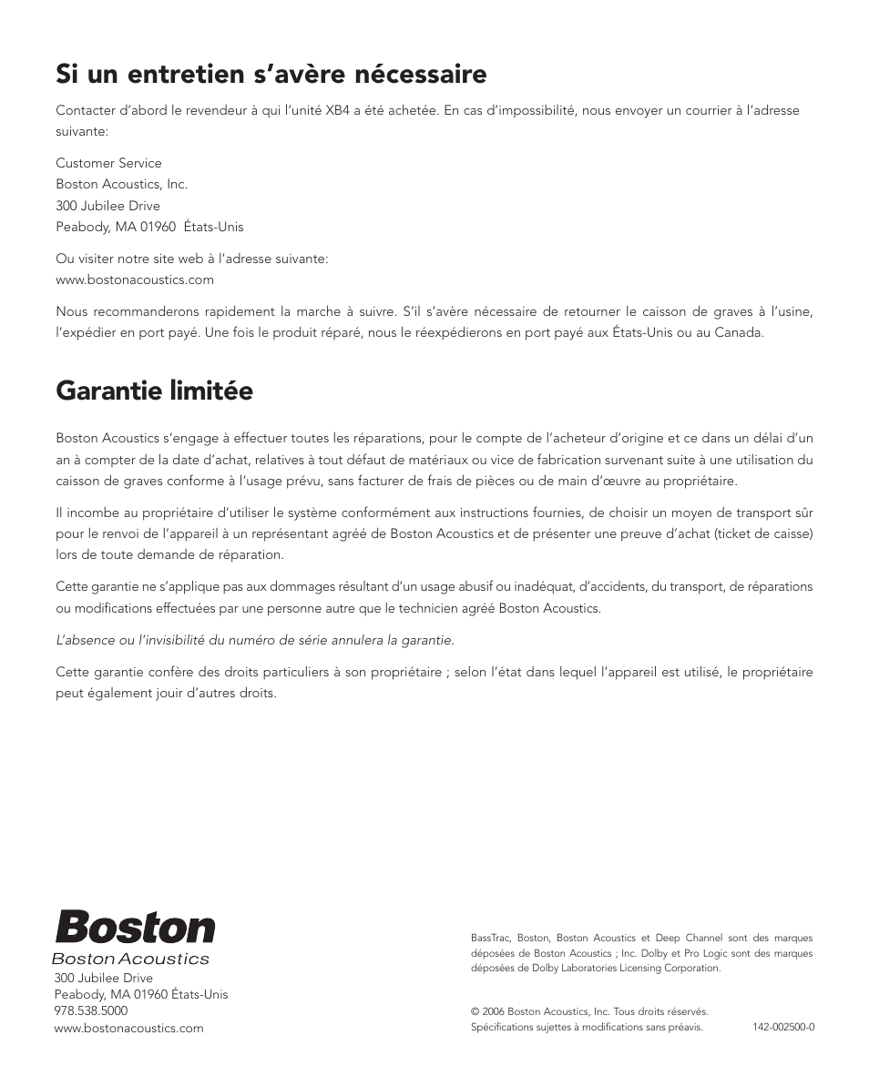 Si un entretien s’avère nécessaire, Garantie limitée | Boston Acoustics XB4 User Manual | Page 24 / 24