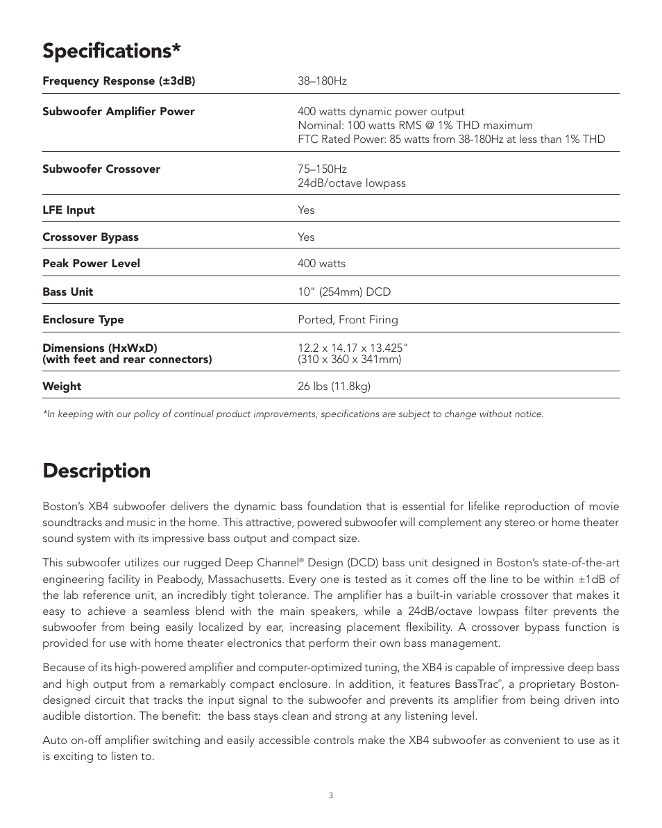 Description, Specifications | Boston Acoustics XB4 User Manual | Page 3 / 24