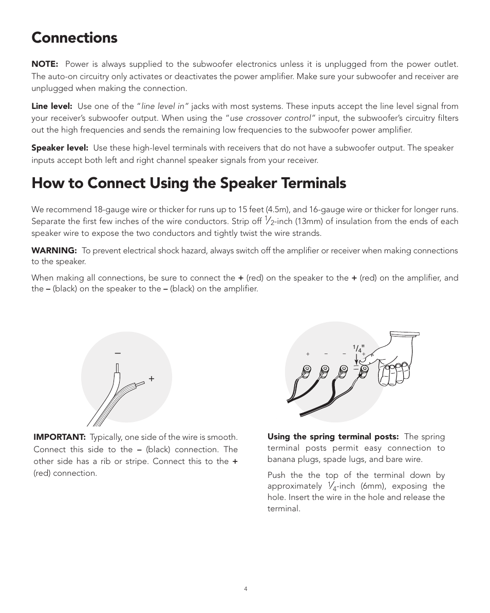 Connections, How to connect using the speaker terminals | Boston Acoustics XB4 User Manual | Page 4 / 24