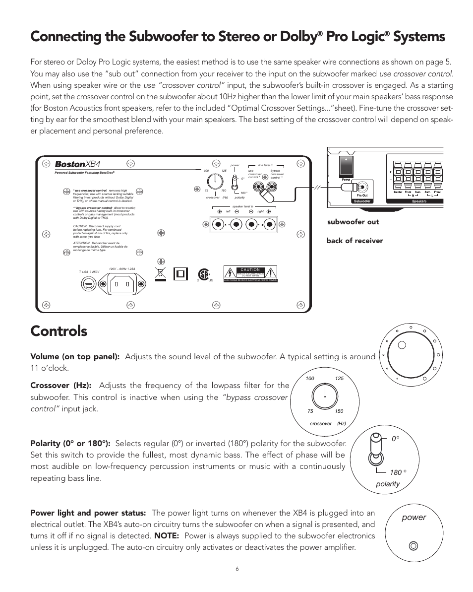 Controls, Connecting the subwoofer to stereo or dolby, Pro logic | Systems, Power, 0 º 180 º polarity, Back of receiver subwoofer out | Boston Acoustics XB4 User Manual | Page 6 / 24