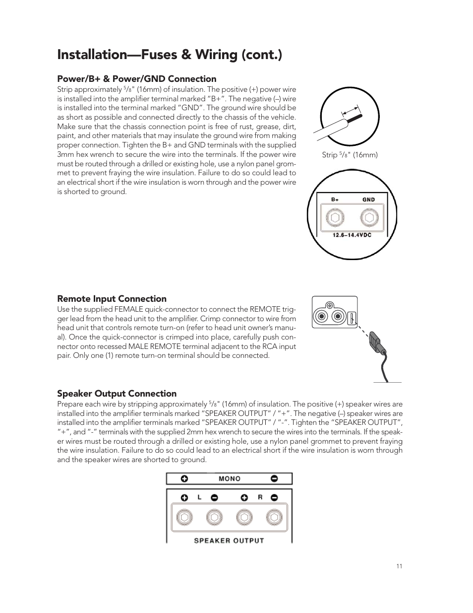 Installation—fuses & wiring (cont.), Power/b+ & power/gnd connection, Remote input connection | Speaker output connection | Boston Acoustics GT-20 User Manual | Page 11 / 19