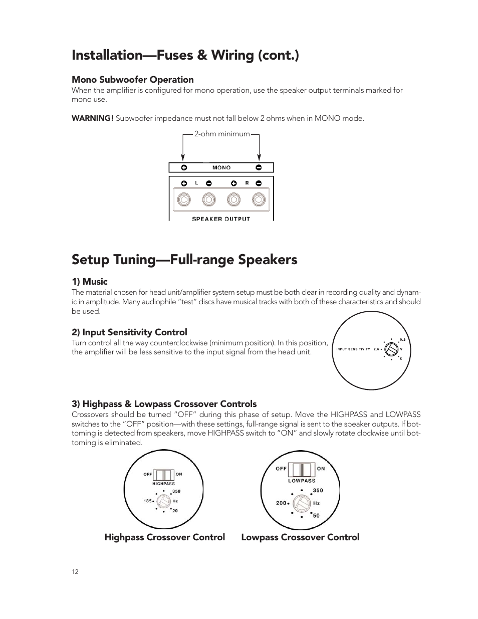 Installation—fuses & wiring (cont.), Setup tuning—full-range speakers | Boston Acoustics GT-20 User Manual | Page 12 / 19