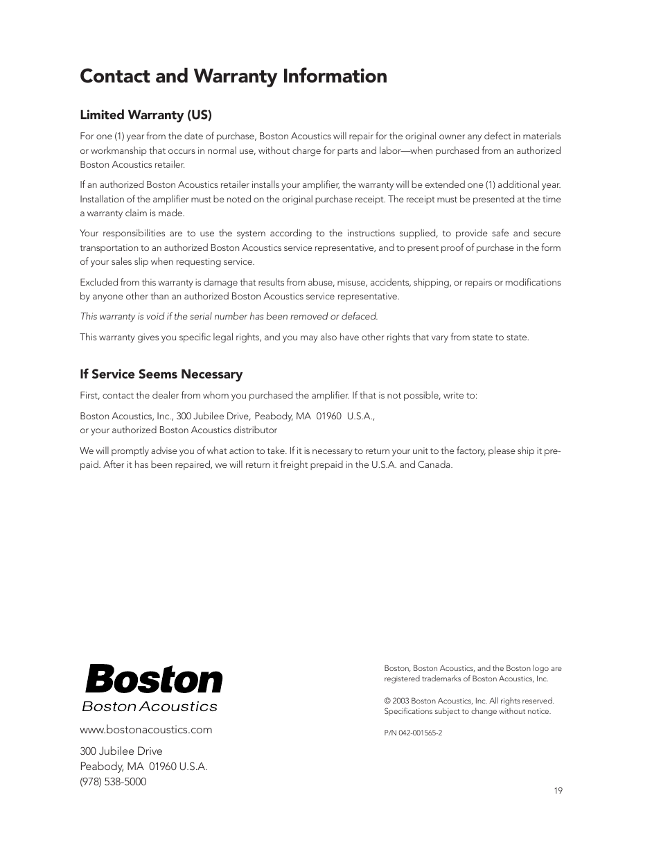 Contact and warranty information | Boston Acoustics GT-20 User Manual | Page 19 / 19