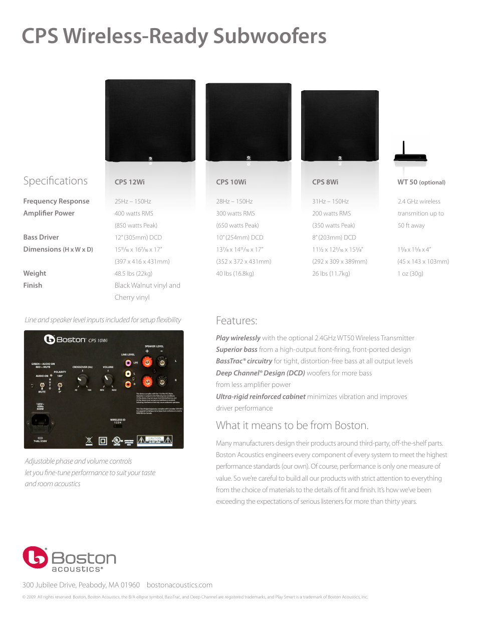 Cps wireless-ready subwoofers, Specifications, Features | What it means to be from boston | Boston Acoustics CPS 12Wi User Manual | Page 2 / 2