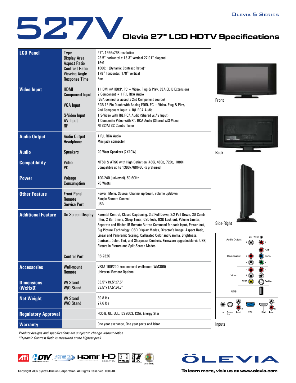 527v, Olevia 27" lcd hdtv specifications | Brilliant Label 527V User Manual | Page 2 / 2