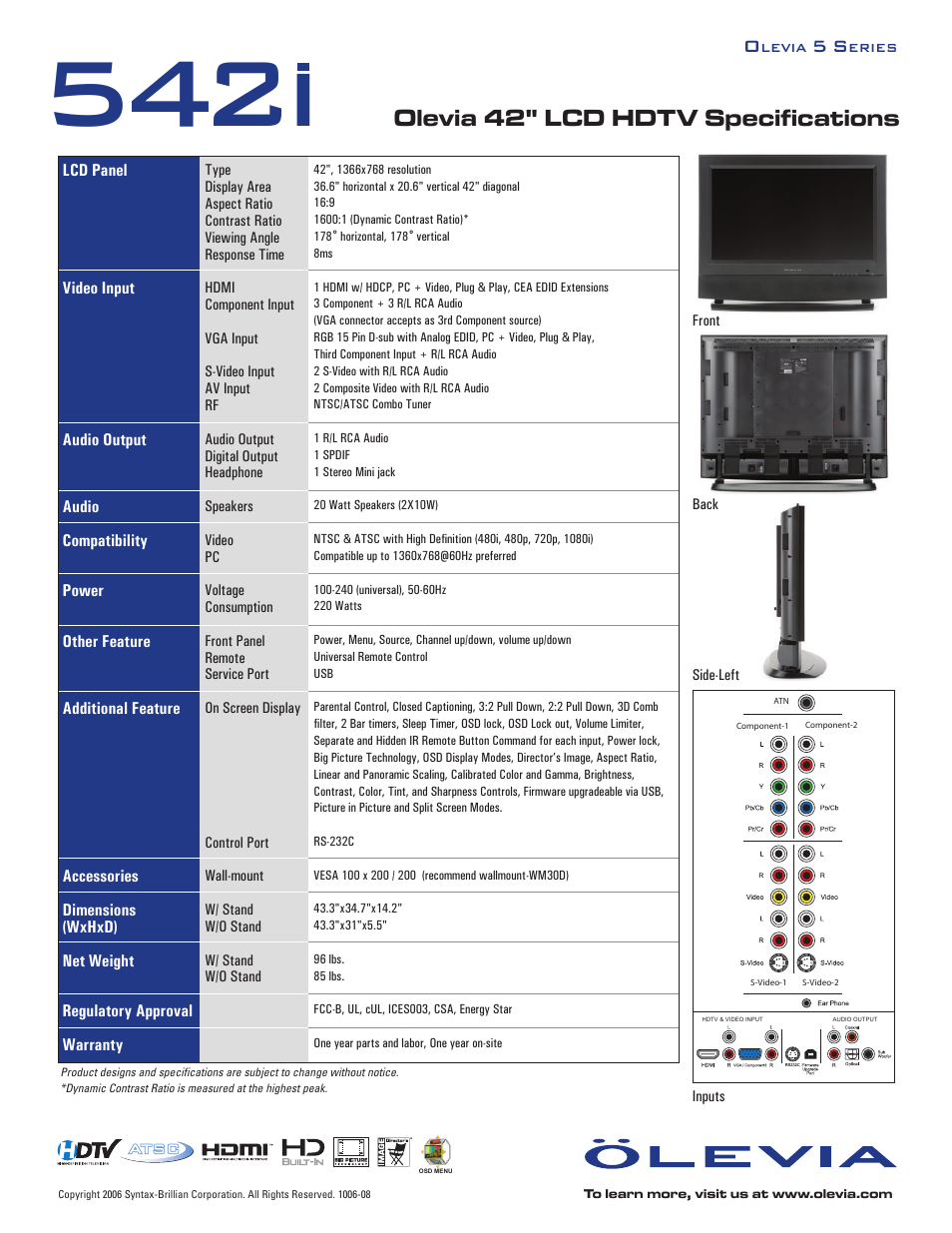 542i, Olevia 42" lcd hdtv specifications | Brilliant Label 542i User Manual | Page 2 / 2