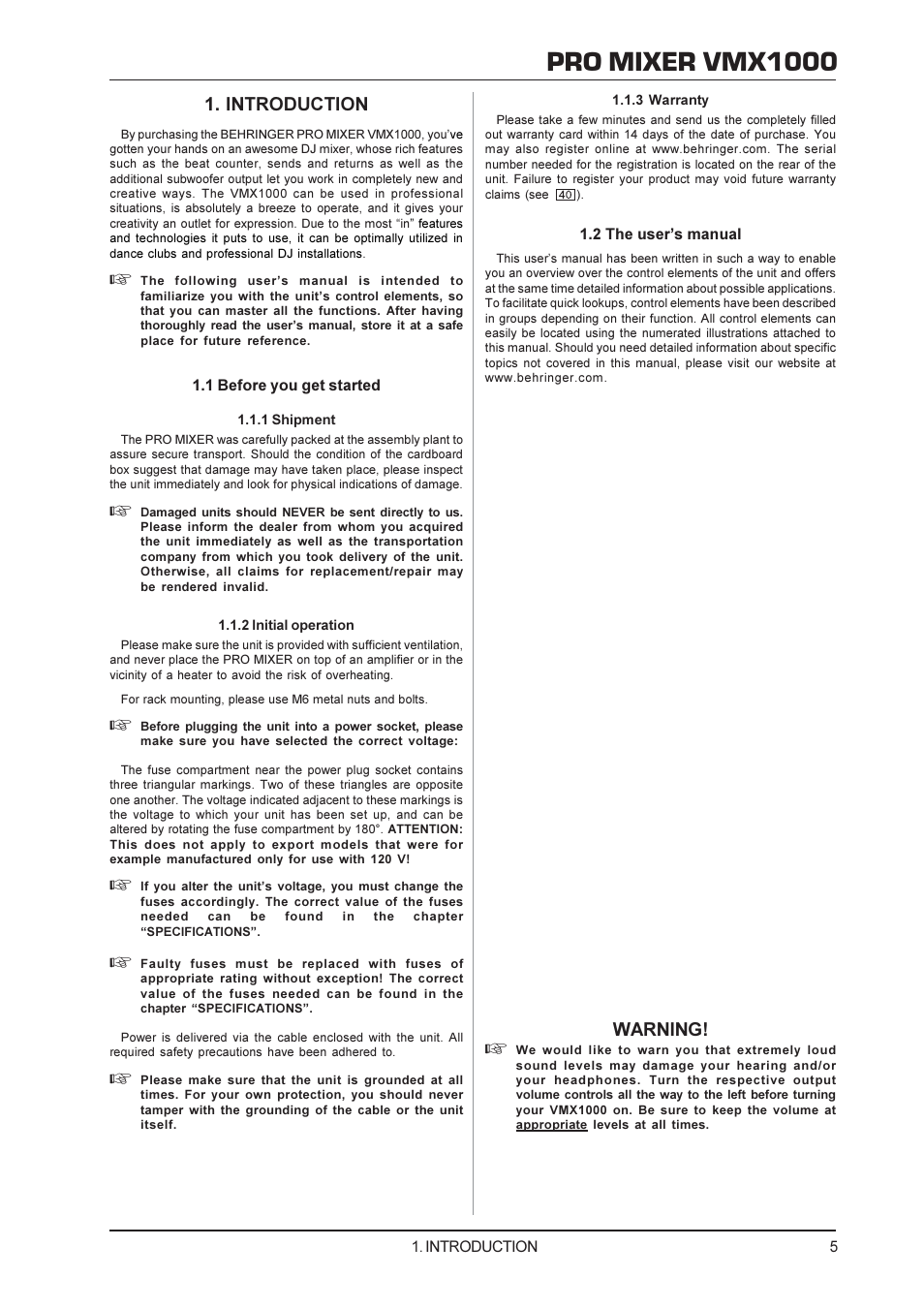 Pro mixer vmx1000, Introduction, Warning | Behringer VMX1000 User Manual | Page 5 / 10