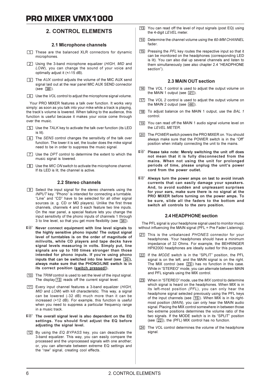 Pro mixer vmx1000, Control elements | Behringer VMX1000 User Manual | Page 6 / 10