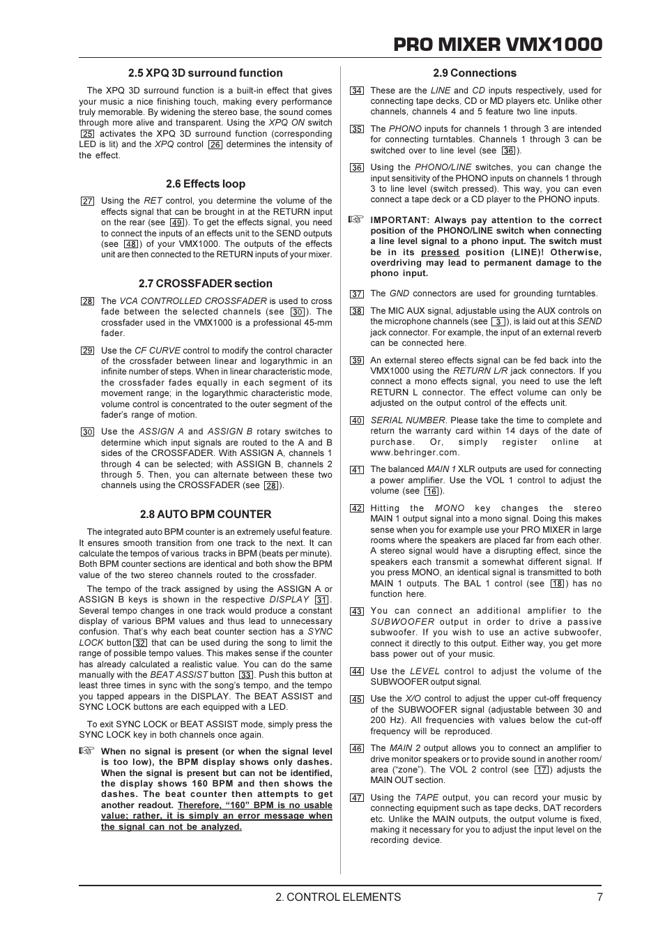 Pro mixer vmx1000, Control elements 2.5 xpq 3d surround function, 6 effects loop | 8 auto bpm counter, 9 connections | Behringer VMX1000 User Manual | Page 7 / 10