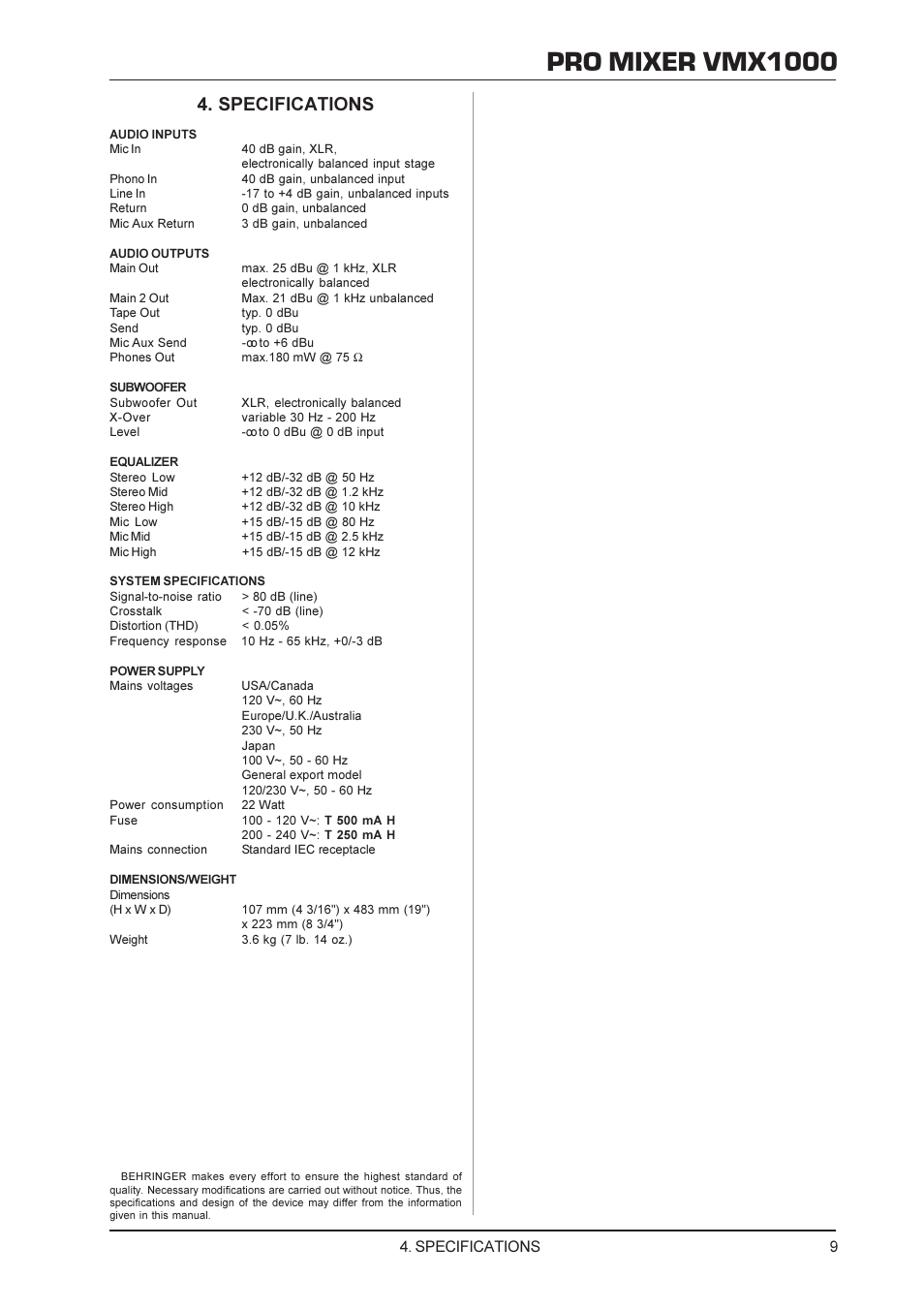 Pro mixer vmx1000, Specifications | Behringer VMX1000 User Manual | Page 9 / 10