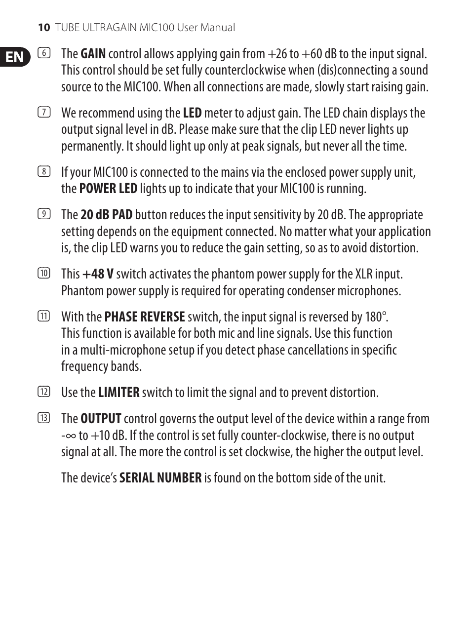 Behringer TUBE ULTRAGAIN MIC100 User Manual | Page 10 / 19