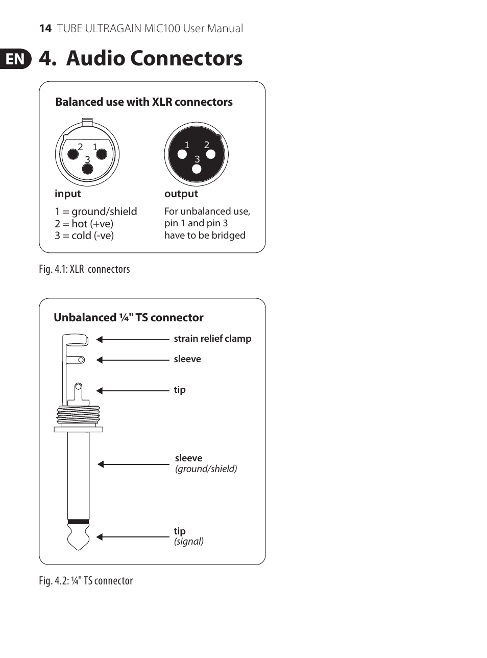 Audio connectors | Behringer TUBE ULTRAGAIN MIC100 User Manual | Page 14 / 19