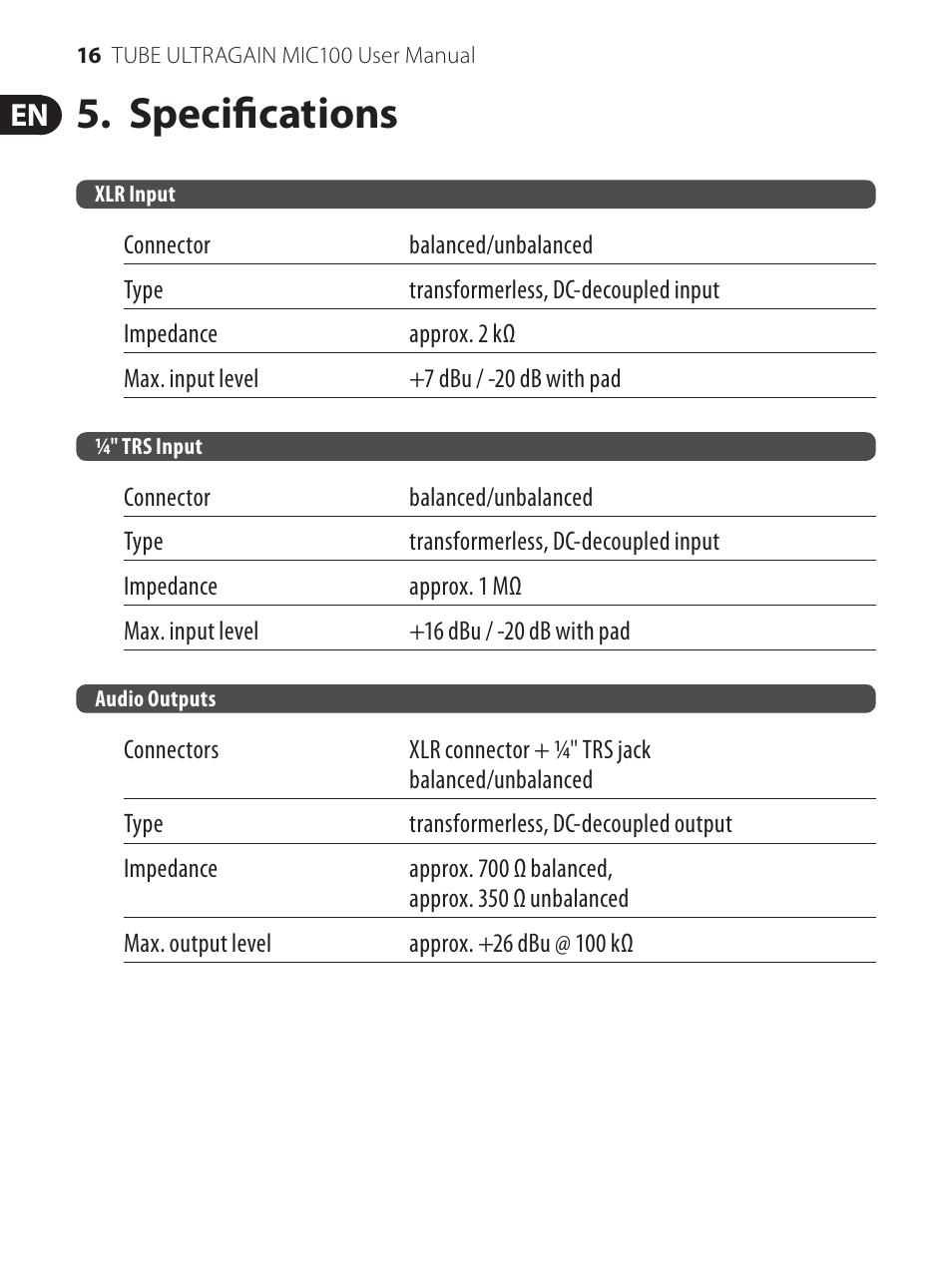 Specifications | Behringer TUBE ULTRAGAIN MIC100 User Manual | Page 16 / 19