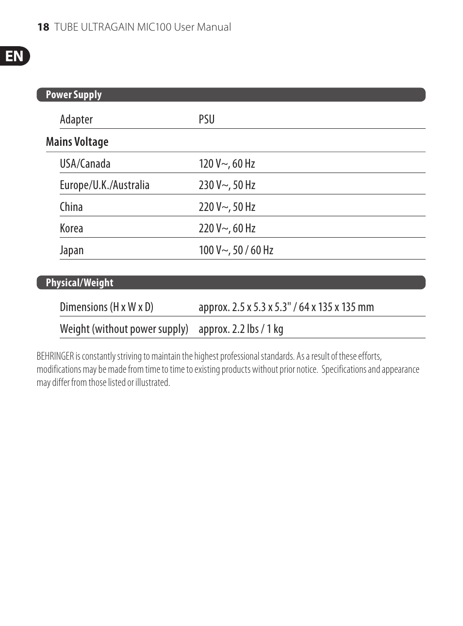 Behringer TUBE ULTRAGAIN MIC100 User Manual | Page 18 / 19