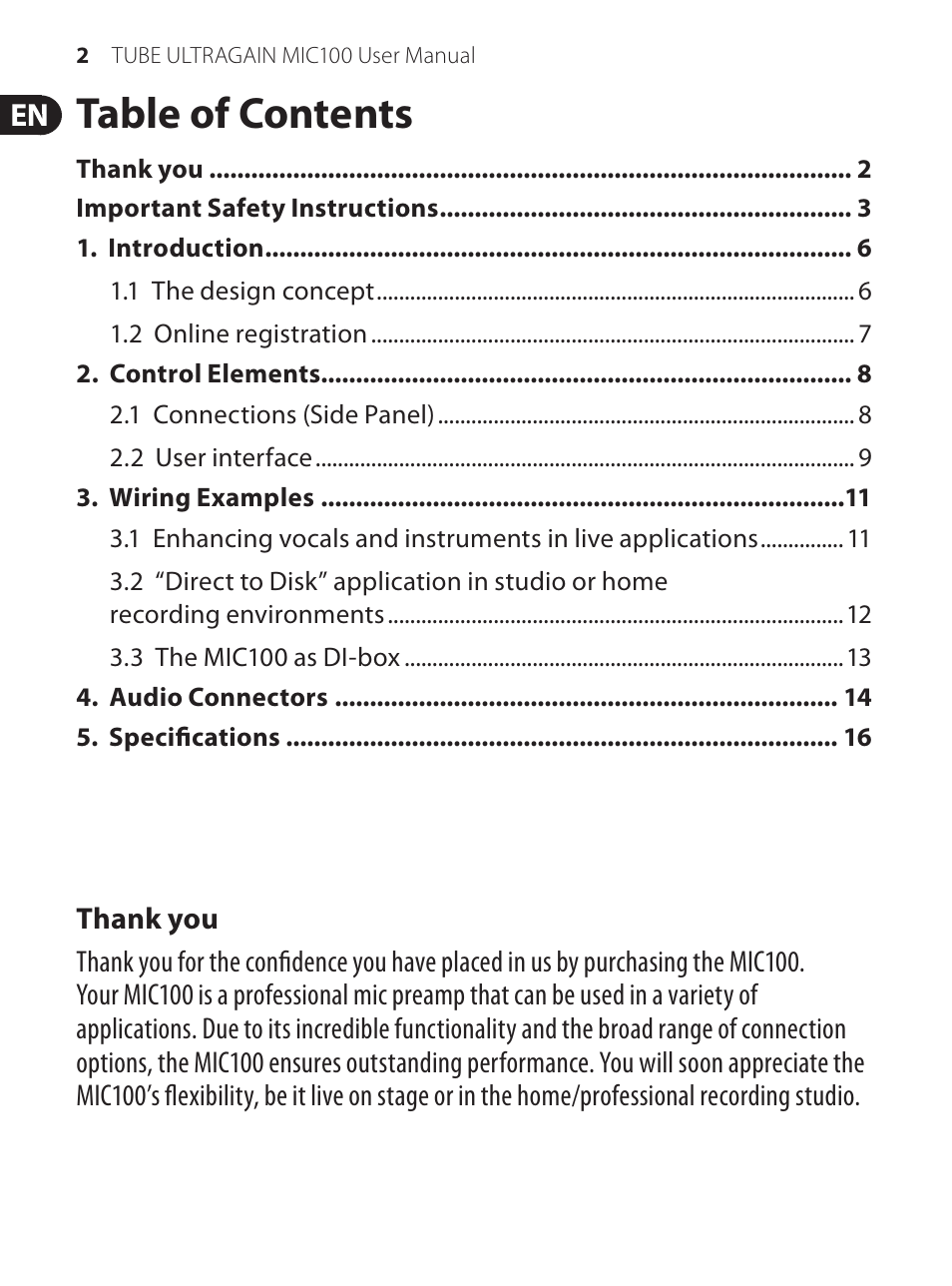Behringer TUBE ULTRAGAIN MIC100 User Manual | Page 2 / 19