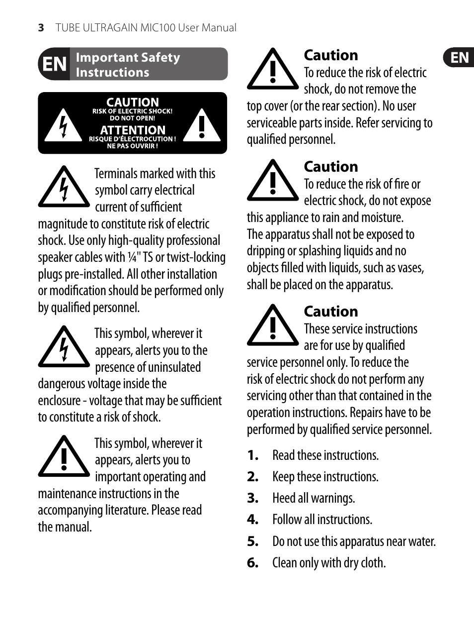 Important safety instructions | Behringer TUBE ULTRAGAIN MIC100 User Manual | Page 3 / 19