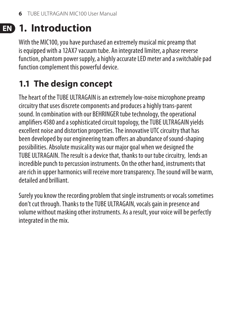 Introduction, 1 the design concept | Behringer TUBE ULTRAGAIN MIC100 User Manual | Page 6 / 19