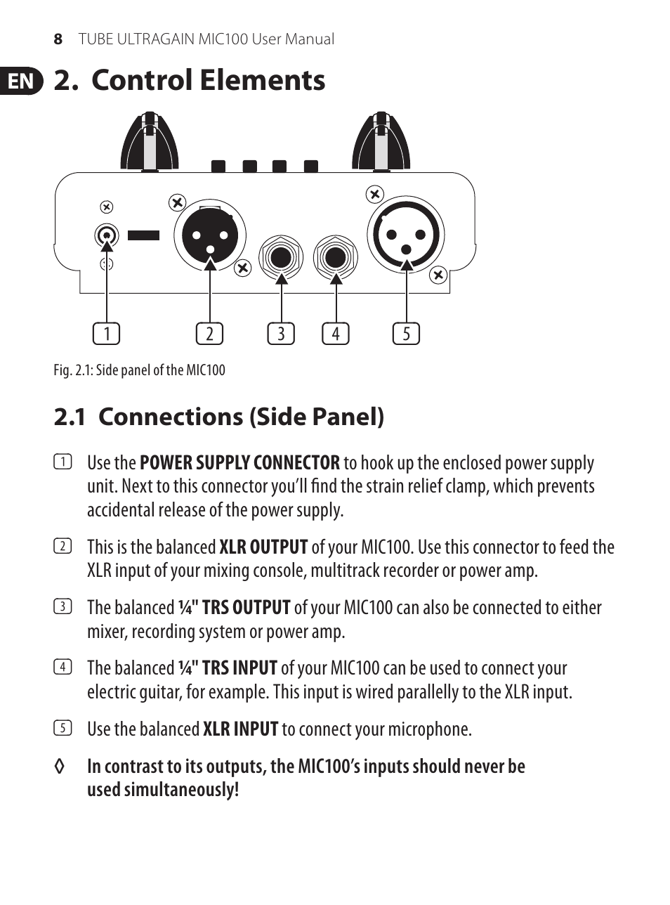 Control elements, 1 connections (side panel) | Behringer TUBE ULTRAGAIN MIC100 User Manual | Page 8 / 19