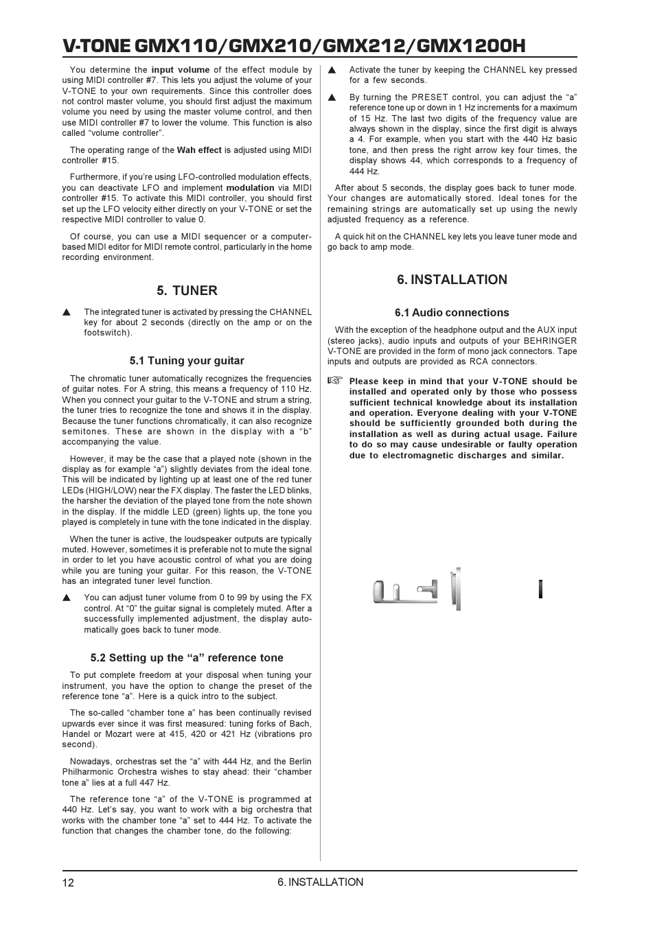 Tuner, Installation | Behringer GMX212 User Manual | Page 12 / 16