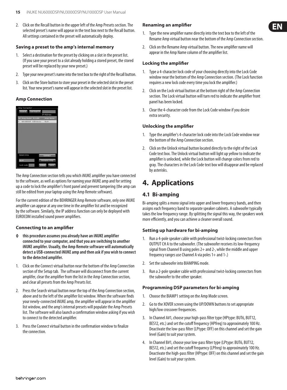 Applications, 1 bi-amping | Behringer iNuke NU6000DSP User Manual | Page 15 / 22